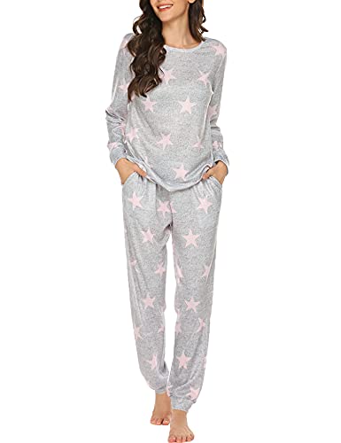 Ekouaer Womens Pajama Set Long Sleeve Sleepwear Star Print Nightwear Soft Pjs Lounge Sets with Pockets light Grey Pink Star Small