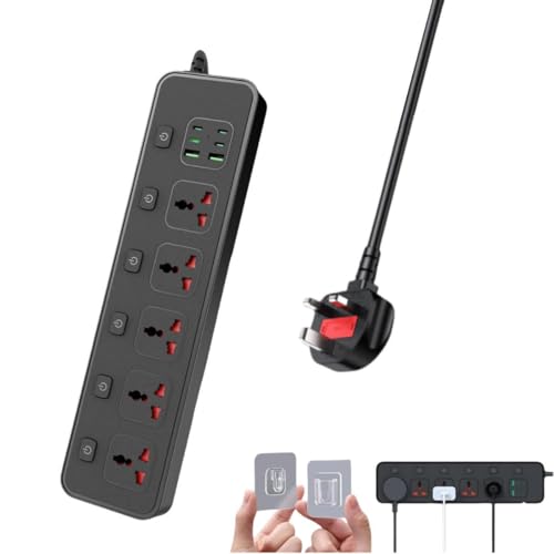 UK Plug Power Strip with Individual Swtich, Jumpso 6ft Universal Extension Cord with 5 Outlets and 2 USB 4 USB C Ports, Max 3000w, 110-240v, Multiple Outlets Plug Adapter for Office Travel