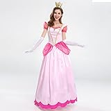 Princess Peach Costume Adult Women Super Mario Themed Party Fancy Dress Up Short Puff Sleeve Long Maxi Dresses + Gloves + Crown 3Pcs Fairy Outfit Halloween Christmas Carnival Cosplay Pink L