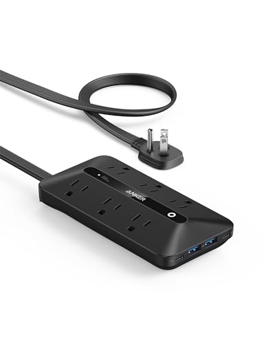 Anker Flat Plug Power Strip 300J with USB Ports, 10-in-1 Ultra Thin Power Strip with 6 AC, 2 USB-A and 2 USB-C Ports,5feet Extension Cord, Desk Charging Station,Home Office College Dorm