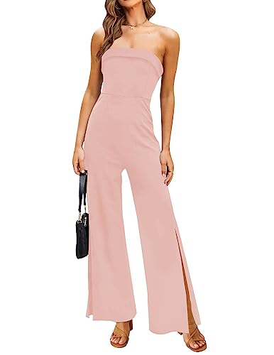 ZESICA Women's Strapless Jumpsuit Casual Off Shoulder High Waist Wide Leg Side Slit Long Romper Playsuits with Pockets,DustyPink,Small