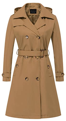 CREATMO US Long Trench Coat Women Winter Dress for Hood Belt Double Breasted Waterproof Camel 2XL
