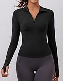 Workout Shirts Women Long Sleeve Yoga Tops Sports Running Shirts Half Zip Pullover Athletic Top Slim Fit Cropped(Black,Medium)