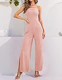 ZESICA Women's Strapless Jumpsuit Casual Off Shoulder High Waist Wide Leg Side Slit Long Romper Playsuits with Pockets,DustyPink,Small