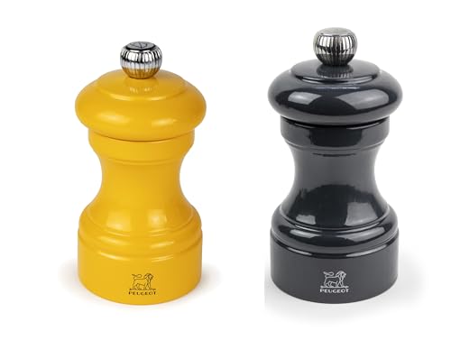 Peugeot Bistro Pepper and Salt Mill Set, 4in - Essential Kitchen Tools with Adjustable Grinding Precision, Beechwood Mills - Enhance Flavors in Everyday Cooking (Saffron/Slate)