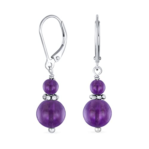 Gemstone Natural Purple Amethyst Boho Bali Milgrain Edged Beaded Rondel Separator Double Ball Round Drop Dangle Earrings For Women Teen .925 Sterling Silver Lever back