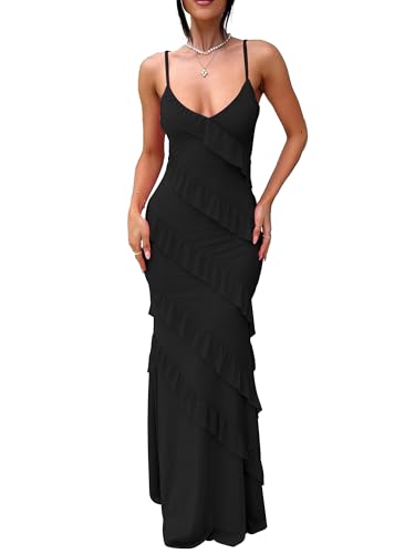 HOCILLE Women's Sexy V Neck Backless Bodycon Spaghetti Strap Elegant Ruffle Maxi Cocktail Party Dresses, Small, Black