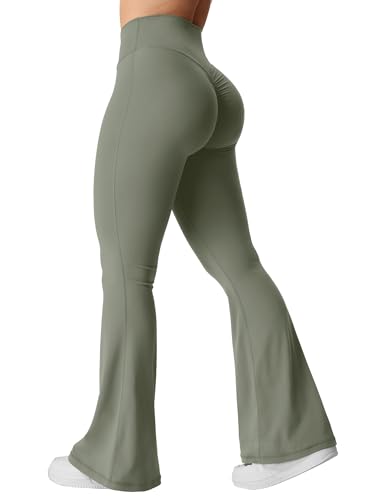YEOREO Kalie Flare Scrunch Leggings for Women V Cross Waist Bell Bottom Yoga Pants Tummy Control Bootcut Workout Leggings Grey Green M