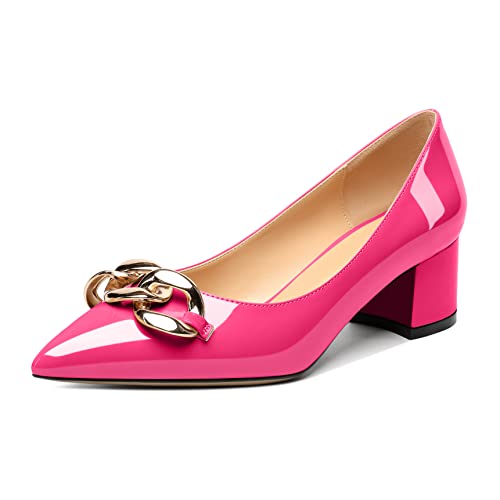 Mettesally Women's Block Heel Pumps Pointed Toe Heeled Sandals Slip Onpy Buckle Mid Heels Metal Chain Dress Wedding Party Shoes Hot-Pink US11