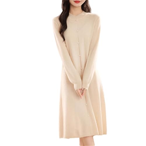 Women's Long Sleeve Sweater Dress Merino Wool Maxi Dress Pleated Hem Knit Dress Beige S