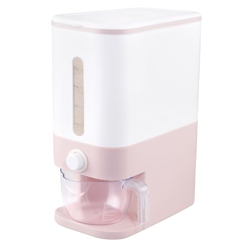 Rubtlamp 22.5-25 Lbs Pink Rice Dispenser, Rice Storage Container, Pink Rice Storage Container with Measuring Cup, Rice Holder Bucket for Household Kitchen Rice Soybean Corn