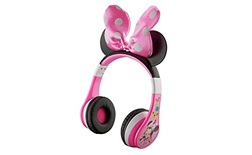 eKids Minnie Mouse Kids Bluetooth Headphones, Wireless with Microphone Includes Aux Cord, Volume Reduced Foldable Headphones for School, Home, or Travel, Pink