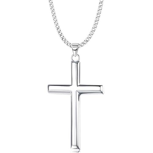 MILACOLATO 925 Sterling Silver Cross Necklace for Men Women: 2mm Sterling Silver Cuban Link Curb Chain with Cross Pendant, 18 Inches