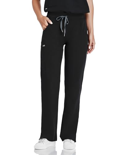 COMENII Scrubs for Women, Mid Rise Straight Leg Cargo Pants with Knit Yoga Waistband, Anti-Wrinkle Womens Scrubs Pants-1-R-Black S