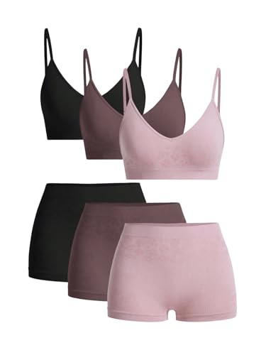 BEAUDRM Women's 6 Piece Lingerie Set Floral Wireless Unlined Bra Seamless Bralette and Boyshorts Boxer Briefs Underwear Sets Multicolor Small