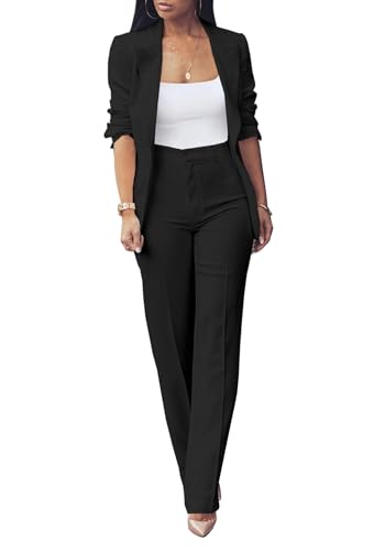 Business Suit Sets for Women Office Outfits Blazer Jackets + High Waist Straight Leg Pants 529-black