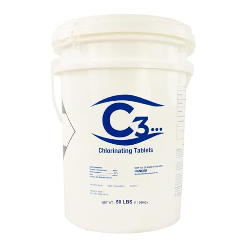 C3... 3" Stabilized Chlorine Tablets for Swimming Pools | Easy to Use | for Above Ground or Inground Pool | Individually Wrapped Chlorinating Tabs | Slow Dissolving | 50 lbs