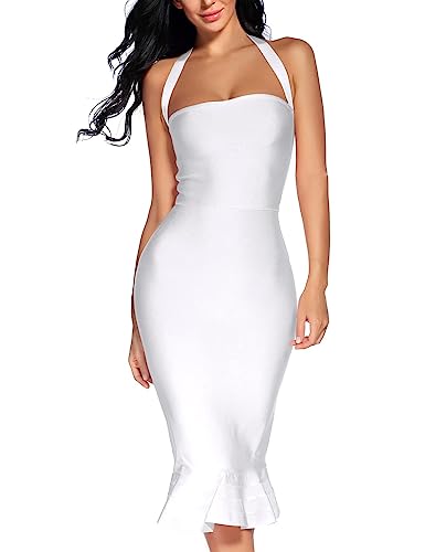 Women's Bandage Dress Sexy Halter Fishtail Bodycon Holiday Party Club Wedding Guest Dress (White, M)