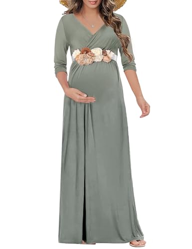 KIM S Maternity Dress Photoshoot Shoot Baby Shower Maxi Boho Fall Winter Christmas Pregnancy Clothes for Mommy to Be Cotton (Grey Green L)