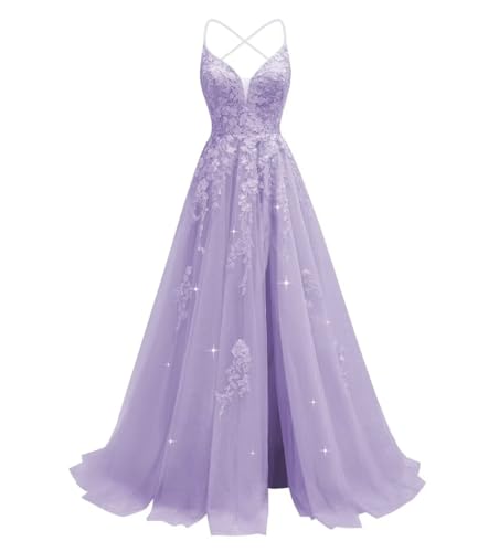 Tulle Lace Appliques Prom Dresses Long Ball Gown for Women Spaghetti Straps Corset Backless Evening Dress-Size 10, Lavender