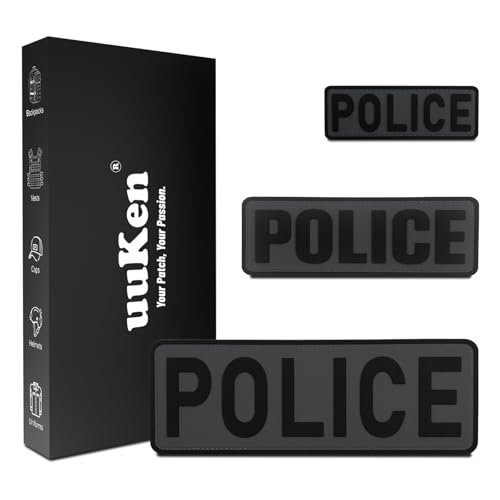 uuKen 3Pcs PVC Police Patches Gray Background for Hats Caps Vests Clothing Bags Backpacks (3 Pack, 1Pcs 4" x 1.4", 1Pcs 6" x 2", and 1Pcs 8.5" x 3")