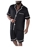 WDIRARA Men's Satin Pajamas Short Sleeve Button Up Top and Shorts Pj Lounge Set Black 3XL