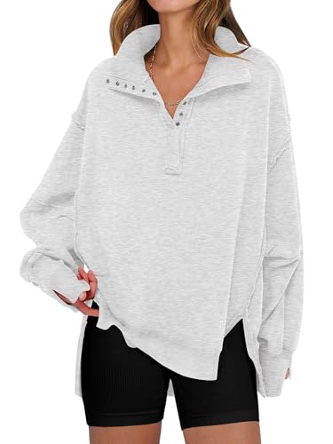 ANRABESS Women's Sweatshirts Oversized Casual Loose Button Up Henley Pullover Top High Low Split 2025 Fall Fashion Outfits Light Grey Small