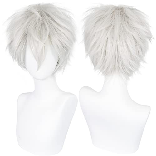 ANOGOL Hair Cap+ Short White Wig for Men Silver White Men's Cosplay Wig Short Silver Mixed White Anime Wigs with Bangs Ivory Hair Straight Fluffy Silvery Halloween Wigs Christmas Party Costume