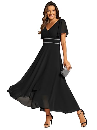 Ever-Pretty Women's Formal Dress V Neck Ruffles Sleeves Empire Waist A Line Pleated Chiffon Evening Dresses Black US6