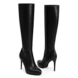 Modatope Womens Boots Knee High Black Platform Boots Stiletto Heel Round Toe Long Boots Zipper Tall Boots Elastic PU Leather Size 8