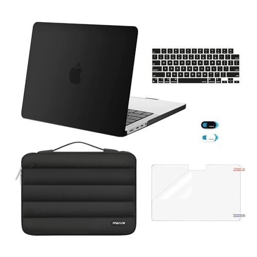 MOSISO Compatible with MacBook Pro 13 inch Case M2 2025-2016 A2338 M1 A2251 A2289 A2159 A1989 A1708 A1706, Plastic Hard Case&Puffy Sleeve Bag&Keyboard Skin&Webcam Cover&Screen Protector, Black