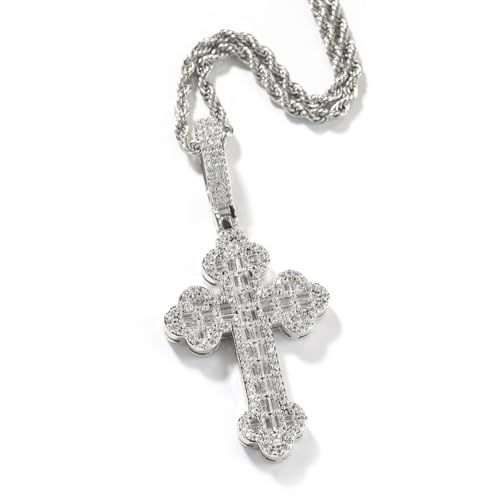 Lulu Mel Iced Out white Gold Plated Cubic Zirconia Cross Pendant Necklace With Rope Chain, Trendy Hip Hop Cross Faith Pendant Jesus Necklace For Men Women (Silver)
