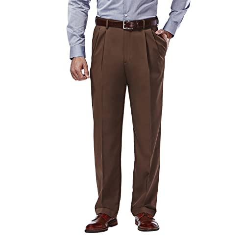 Haggar mens Mynx Gabardine Hidden Expandable Waistband Classic Fit Front Pleated dress pants, Oak, 34W x 29L US