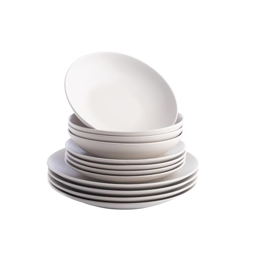 Porto by Stone Lain Semplice 12-Piece Premium Kitchen & Dining Dinnerware Set Stoneware, White Matte, Crafted in Portugal, Dishwasher and Microwave Safe Scratch-Resistant Dish Set for 4