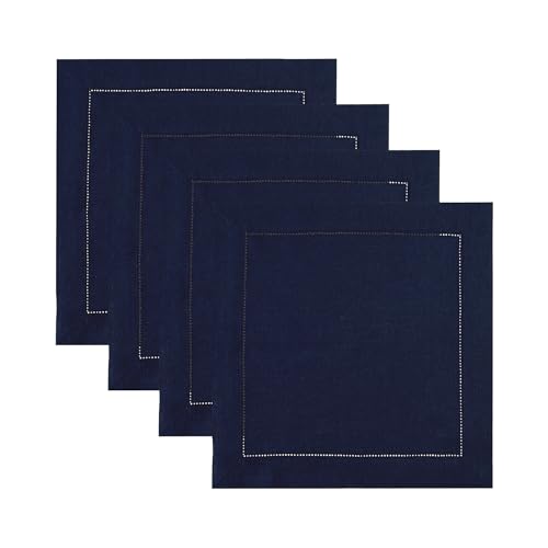 Solino Home Square Placemats Set of 4-100% Pure Linen Navy Cloth Placemats 14 x 14 Inch - Classic Hemstitch, Machine Washable Place Mats for Summer