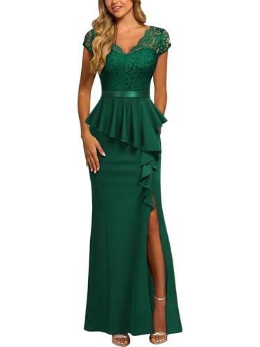 MISSMAY Women's Elegant Floral Lace Ruffle Split Cocktail Party Long Dress (Large, Dark Green)