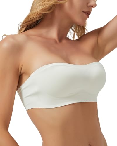 SilRiver Silk Bralette Multiway Strapless Bras for Women Non-Slip Silicone Padded Bandeau Bra Wireless Tube Top (Medium, White)