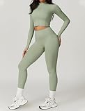 AGYMNX Workout Sets for Women 3 Piece High Waisted Seamless Leggings Crop Top Jacket Gym Yoga Outfit Stretchy Sports Bra Sets Green M