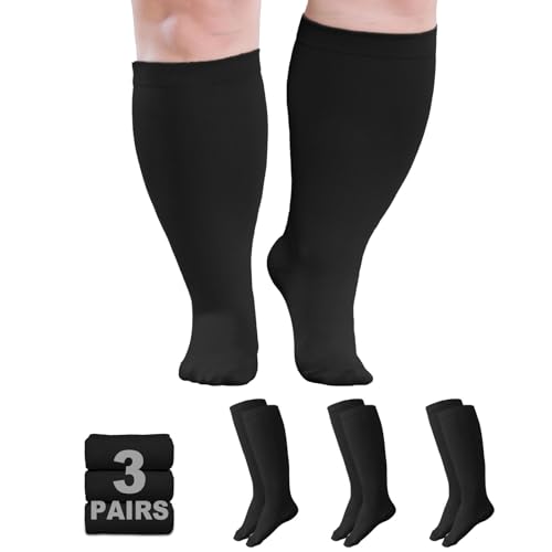 AMITOFO Plus Size Compression Socks Wide Calf for Women Men, 20-30mmHg Medical Grade Support for Circulation, Edema, Varicose Veinss Suitable for Nursing, Travel, Running-3 Pairs, 3XL Black