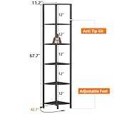 Furnulem 6 Tier Corner Shelf with LED Light, 67.5” Tall Standing Shelf Organizer, Black Narrow Bookshelf with Storage Rack for Wall Corner, Living Room, Bedroom, Metal Frame, Wood Display Shelf