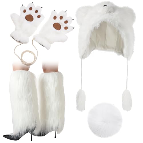 Jecery 4 Pcs Polar Bear Costume Set for Adults Animal Plush Hats White Mittens Paws Gloves Furry Leg Warmer and Plush Bear Tail for Men Women Costume Winter Accessory