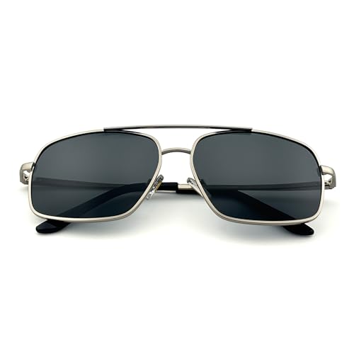 J+S Rua Retro Rectangle Aviator Polarized Sunglasses for Men | Spring Hinge Metal Frame | Polarized 100% UV 400 | Medium-Large Fit (Silver Frame/Gray Lens)