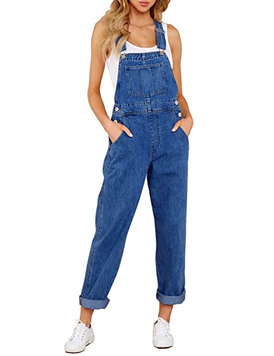 luvamia Flexclusive Women's Casual Adjustable Denim Bib Overalls Jeans Pants Fashion Loose Jumpsuits Overalls for Women Classic Blue Size Medium