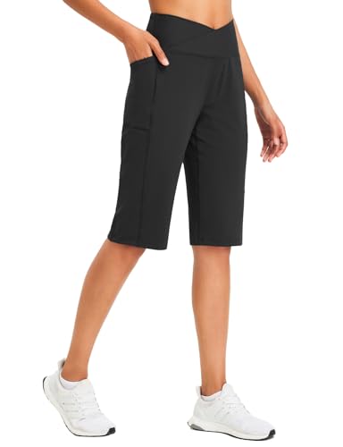 baleaf Women's Bermuda Long Shorts 14" Knee Length Capri Pants High Waisted Athletic Shorts with Pockets Summer Casual Black L