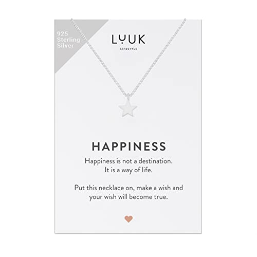 LUUK LIFESTYLE Feminine 925 sterling silver 19” necklace with star pendant and HAPPINESS card, travel and exam lucky charm, women's jewelry, friend and fiancée, fashion accessory, silver