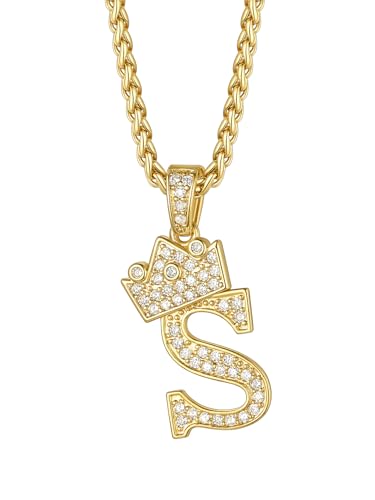 Richsteel Hip Hop Crown Pendant For Men Initial S letter Necklace Monogram Jewelry King Kingdom Alphabet Charm with Chain 22''