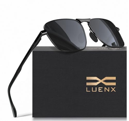 LUENX Men Rectangular Polarized Sunglasses Square Retro Shades - Black Lens Black Frame 59mm