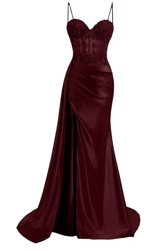 Satin Prom Dress Mermaid Pleated Spaghetti Strap Burgundy Prom Dresses for Women Lace Applique Long Cocktail Party Gown with Slit US 0