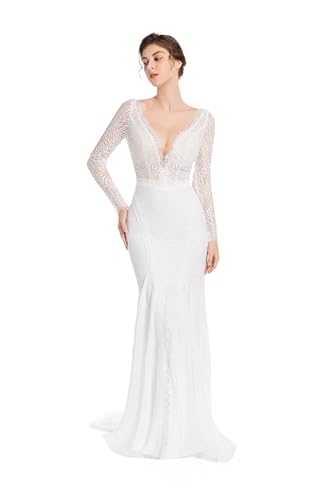 Sorayan Mermaid Wedding Dresses for Bride Classy lace Boho Long Sleeve Open Back Bohemian Wedding Gowns (Small,White)