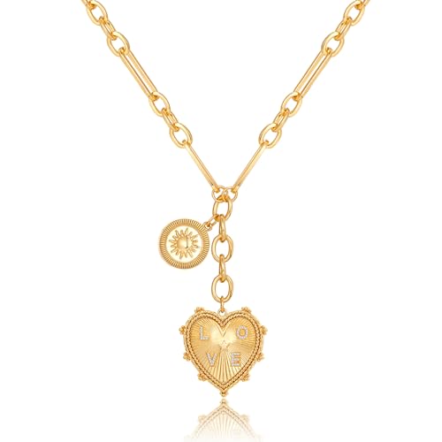 ORIGENCE Chunky Heart Necklace for Women 18K Gold Plated Sun Heart Pendant Necklace Chunky Gold Chain Choker Necklace Hip Hop Gold Heart Charm Necklace Unisex Necklace